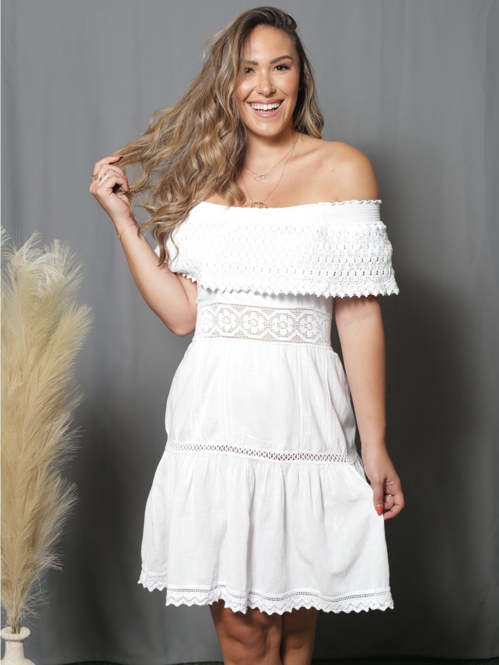 Giocam Heart Eyelet Mini Dress Size Medium White Cotton Off Shoulder Smocked
